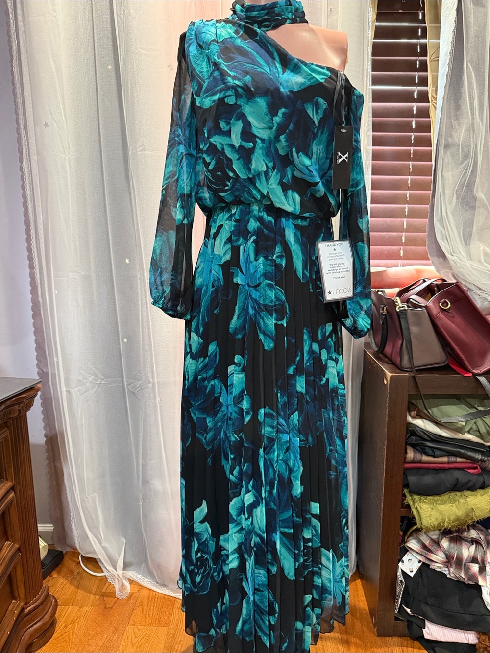 Xscape Teal and Black One-Shoulder Floral Maxi Dress